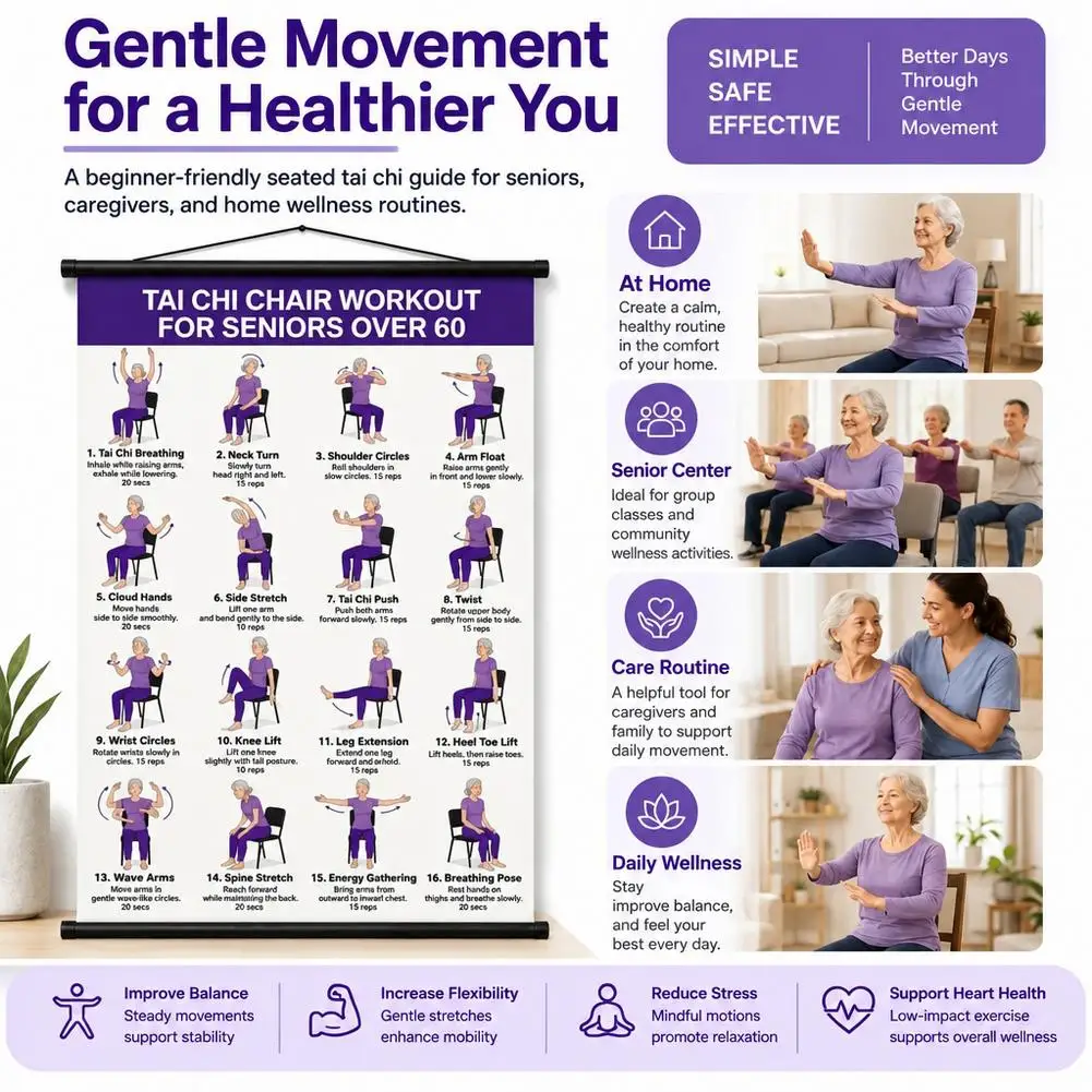 Tai Chi Chair Workout Exercise Plan Poster for Senior 30 Day Home Fitness Guide Poster Senior Home Exercise Chart Balance