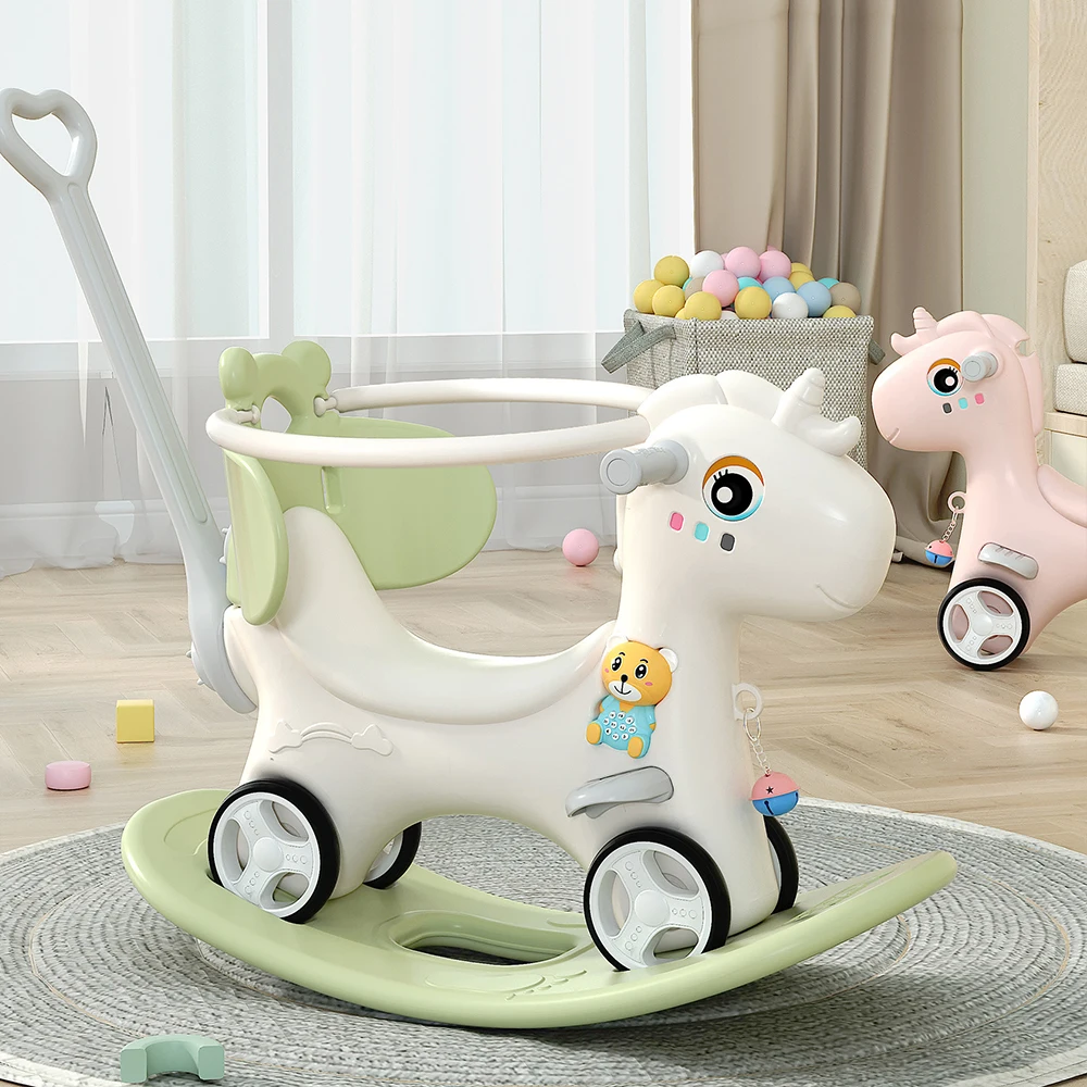 Rocking Horse for Toddlers, Balance Bike Ride On Toys with Push Handle,Board for Baby Girl and Boy, Unicorn Kids  Green color