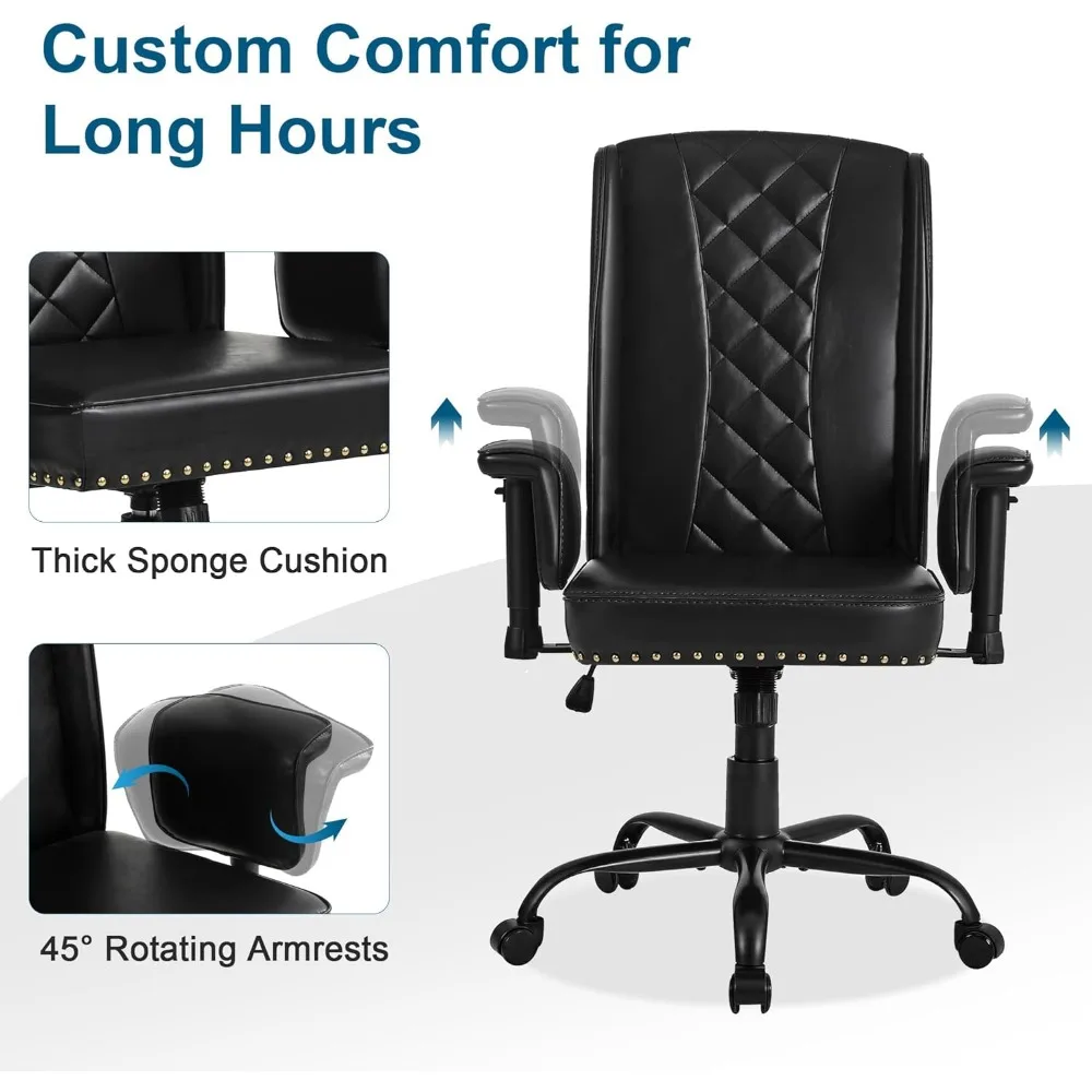كرسي مكتب مريح من VECELO - مسند ظهر عالي مع إمالة، جلد PU، ظهر مخيط بالألماس، قابل للتعديل 45 ° مساند للذراعين ووسادة إسفنجية