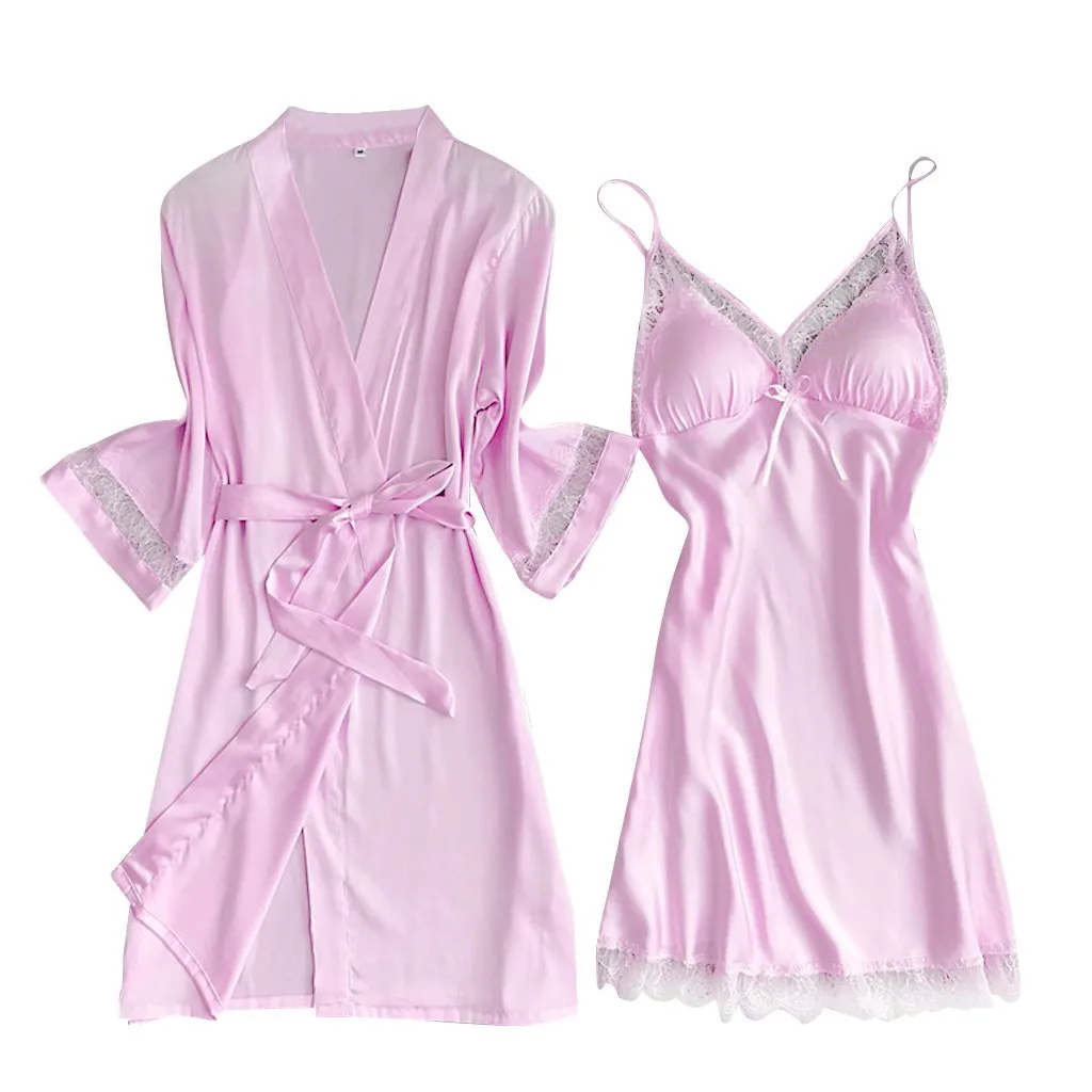 2PCS Silk Satin Sexy Lace Lingerie Nightgowns Robes Sets for Women 2023 Summer Bathrobe Sleepwear Nightdress Night Dress Nighty