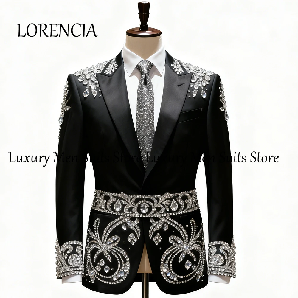Trajes de cristal brillante para hombre, esmoquin de 2 piezas con etiqueta en pico, trajes de fiesta de boda, chaqueta personalizada, pantalones, bata de boda para mujer