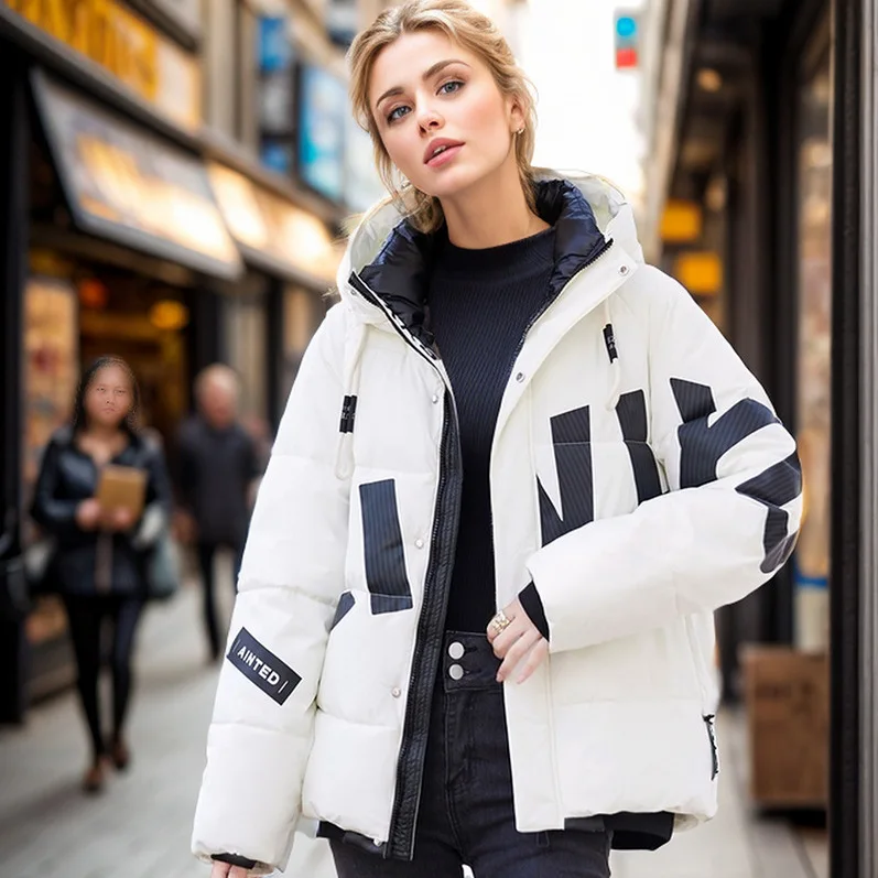 

2025 Winter Women's Jacket Female Cotton Padded Printed Letter Thick Wide Bread Jacket Women's Casual Loose Hooded Cotton Jacket