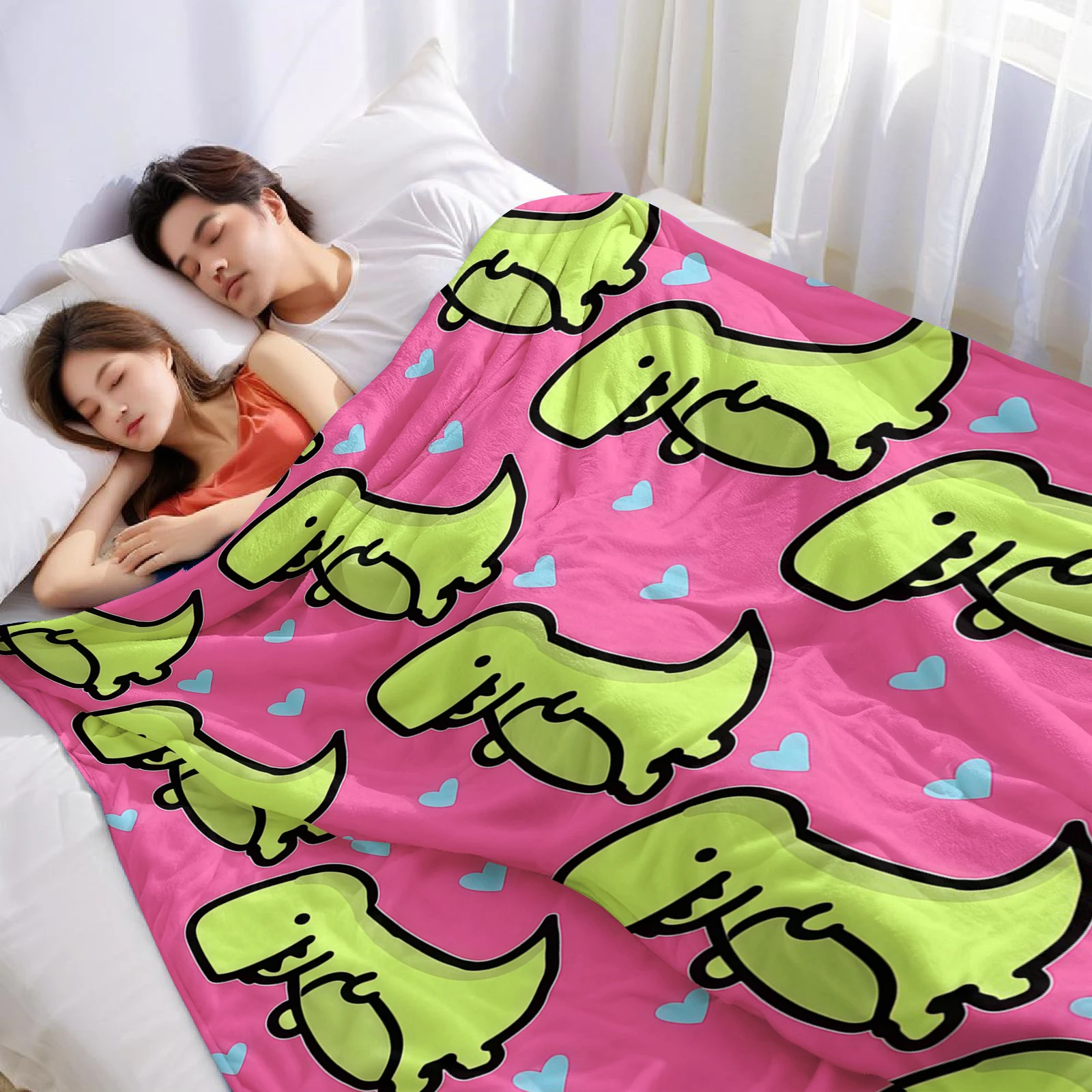Pink Cute Dinosaur Heart Lightweight Microfiber Soft Christmas Fleece Blanket Warm Cozy Throw for Sofa Office Travel All Season