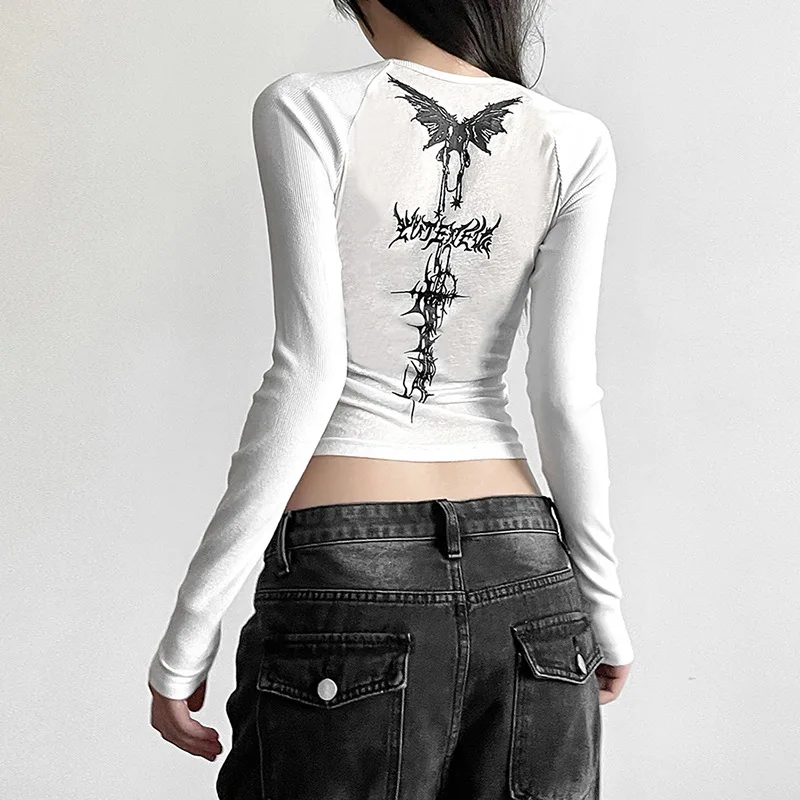 

2025 Spring New Vintage Women's Round Neck T Shirt Long Sleeve Printed Style Casual Crop Top Pattern Fashion Slim Fit Top Y2K