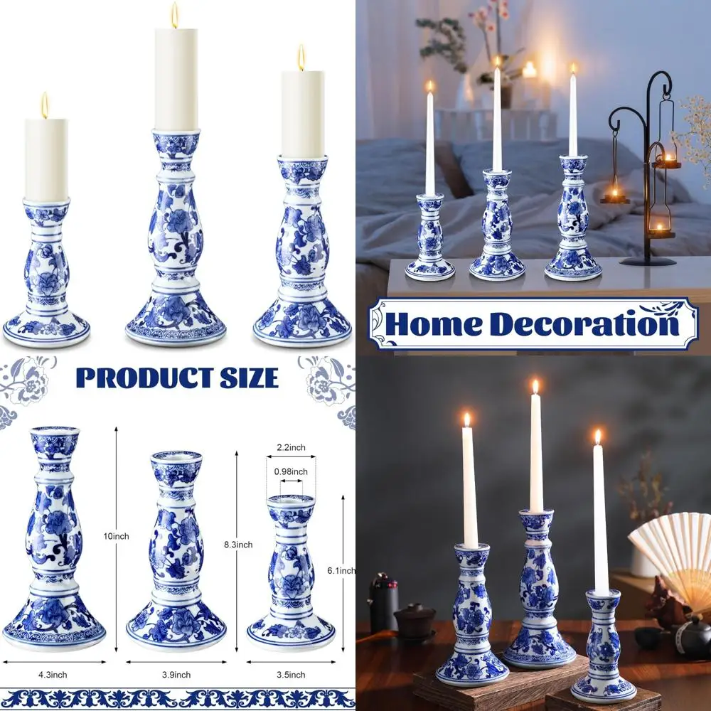 

Blue and White Porcelain Pillar Candle Holders - Set of 3 Chinoiserie Style Decorative Candlesticks for Elegant Home Accents