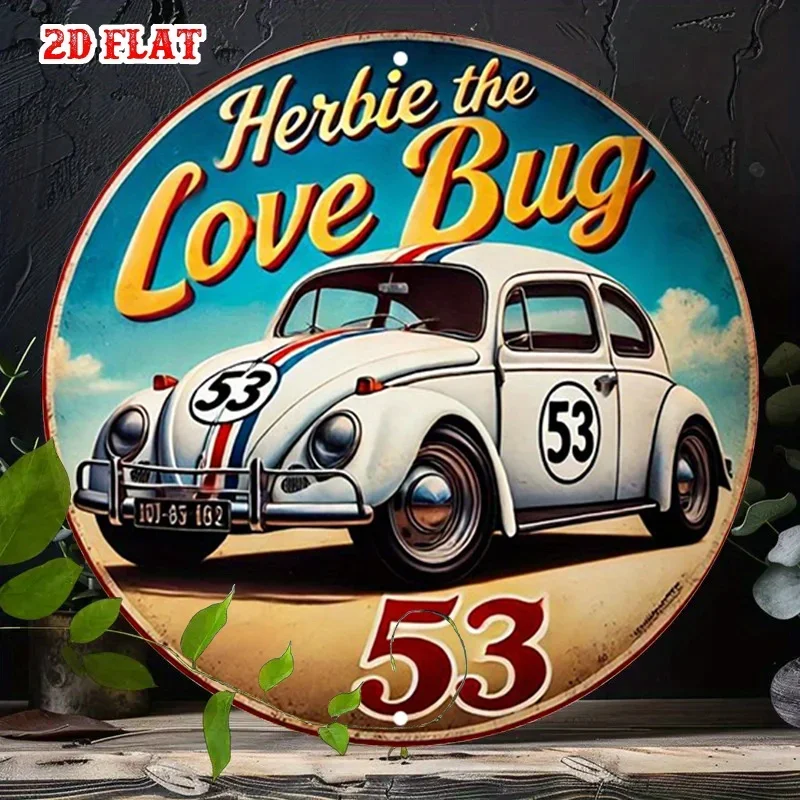 2D Flat, 1pc Herbie the Love Bug Round Aluminum Metal Tin Sign - Vintage Racing Car Design, Number 53, White with Red & Blue Str