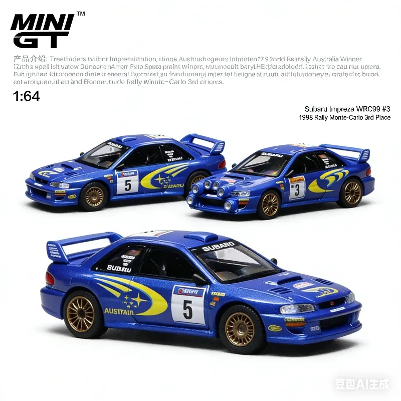 

MINI GT 1:64 Subaru Impreza WRC98 1998 Раллийный автомобиль # Модель из сплава в масштабе 1:3, коллекционная игрушка-подарок для мальчиков, предмет декора.