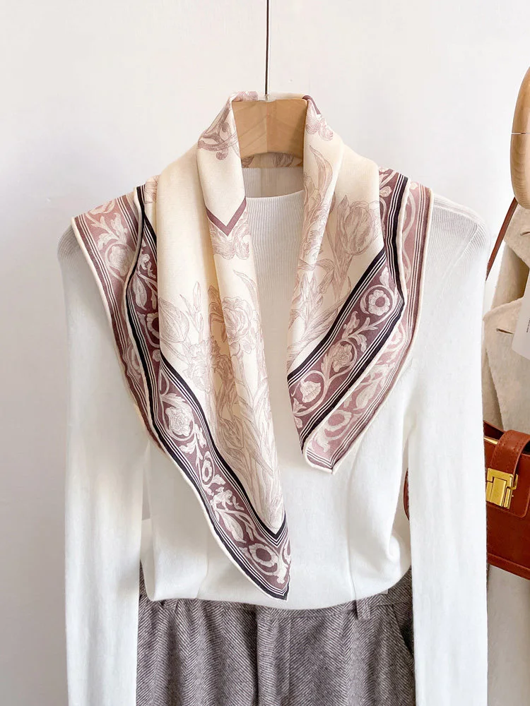 シルクウール混紡-65-シルクウールスカーフ-レディース-花柄-朝夕-春秋冬-高級-多用途-シルクスカーフ-韓国風