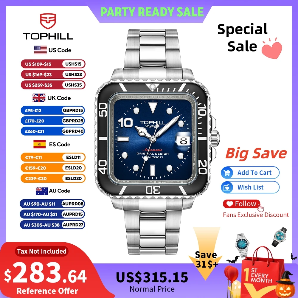 TOPHILL 35.5/39mm Ultra-Thin Square Watch Mechanical Men Women Self-Wind 9019 9039 Sapphire 3H Cyclops Date DS-1 Lume TD005G/L