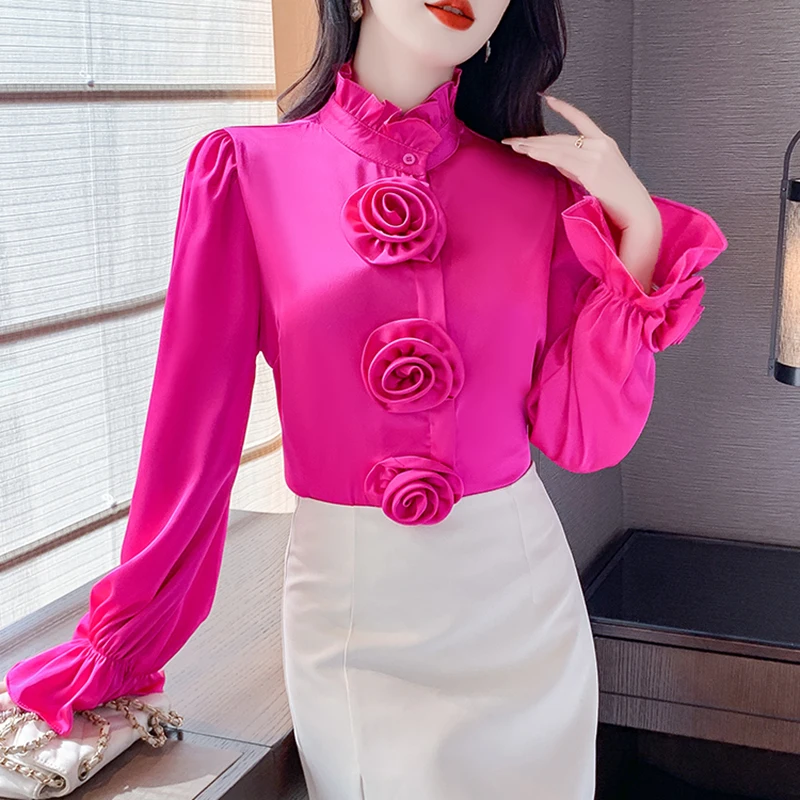 ZJYT 3D Floral Satin Shirts&Blouses Women Spring Office Lady Long Sleeve Blusas Female Tops Ruffled Collar Fashion Party Camisas