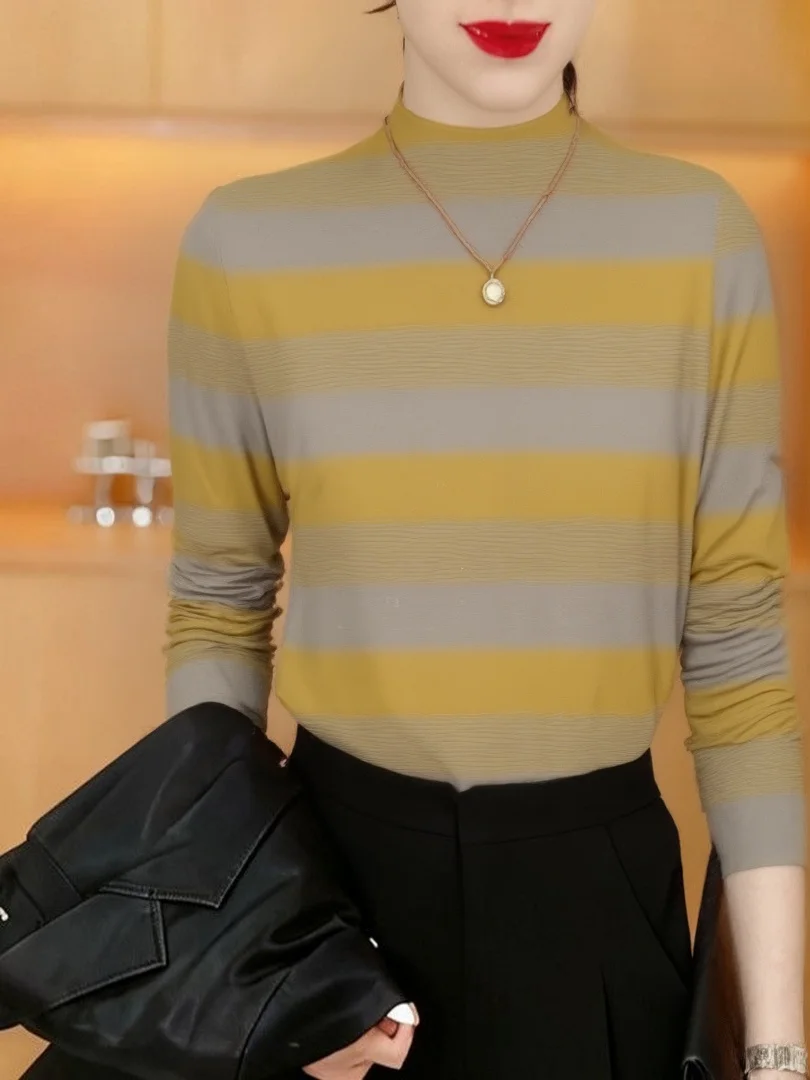 

Теплая флисовая футболка с длинным рукавом, полувысоким воротником, свободного кроя, в полоску, для женщин среднего возраста, модная одежда для мам