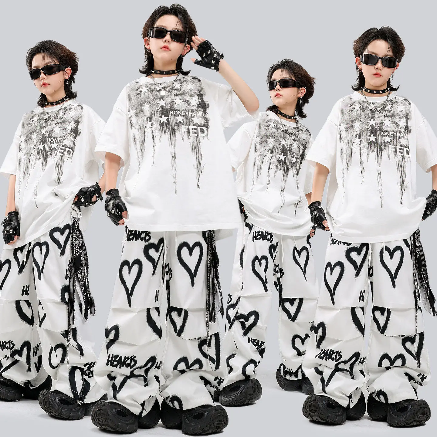 Hip Hop Kids White Star Tops Street Dance Love Pants Kids Streetwear Children Jazz Cheerleader Costumes Teens Stage Clothes Sets