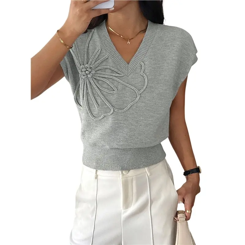 NEW-Women's Spring Sweater Vest Trendy Knit Short Sleeve Cute Pullover Tank Tops Summer Clothing Light Gray S