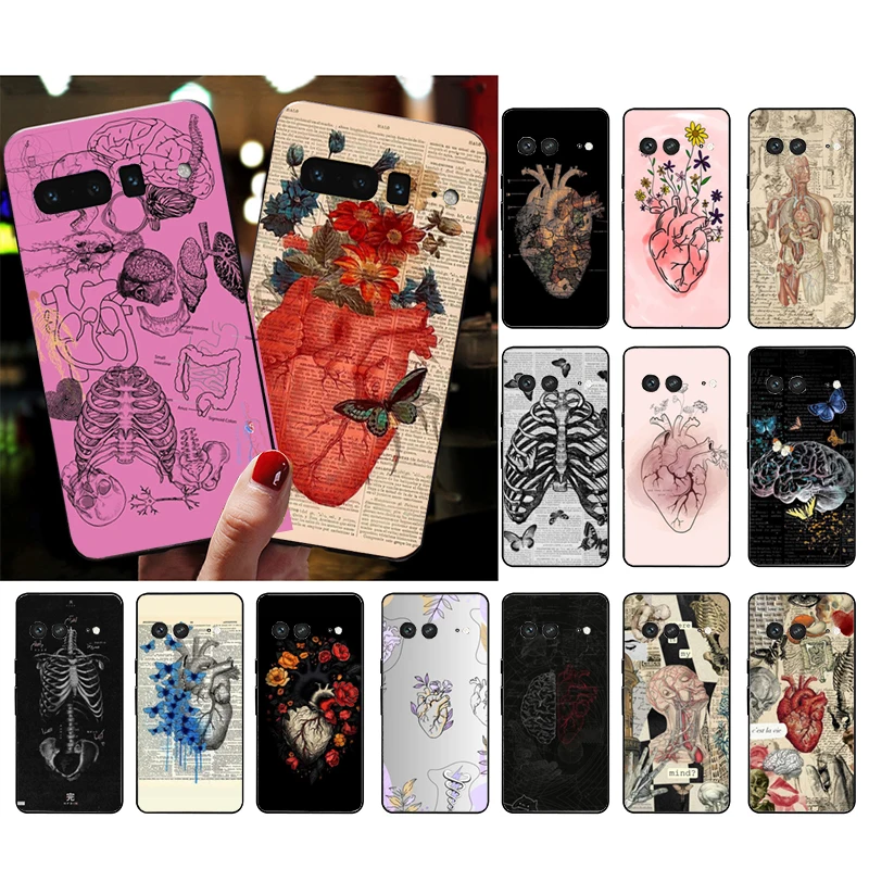 Heart Anatomy Skull Bones Phone Case For Google Pixel 9 Pro XL 8 7 6 Pro Pixel 8A 7A 6A 4A 3A 3XL Pixel 8 7 6 5 4