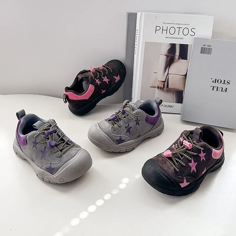 Toddler Girls Outdoor Hiking Shoes, Star Print Design, Quick Release Laces, Toe Cap Protection, Non Slip Sole for Daily Hiking