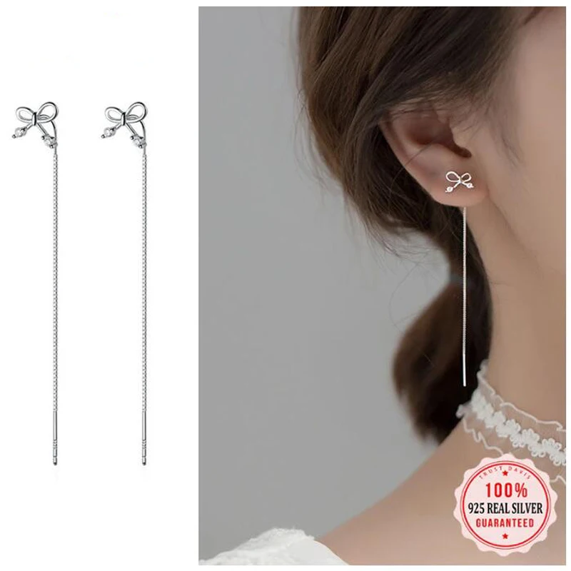 Fashion 925 Sterling Silver Stud Earrings Little Bowknot CZ Linked Drop Stick For Women Girls Friends Fine Gif DB1190