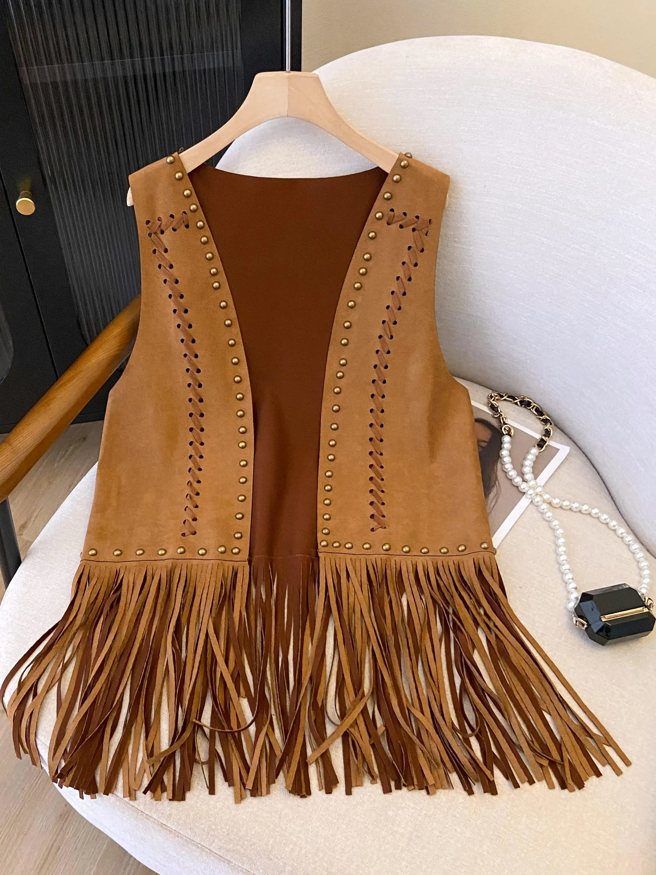 Chaleco de Montar a Caballo con Remaches Calados y Borlas para Mujer, Estilo Occidental del Desierto, Cardigan Abierto, Moda Retro Americana