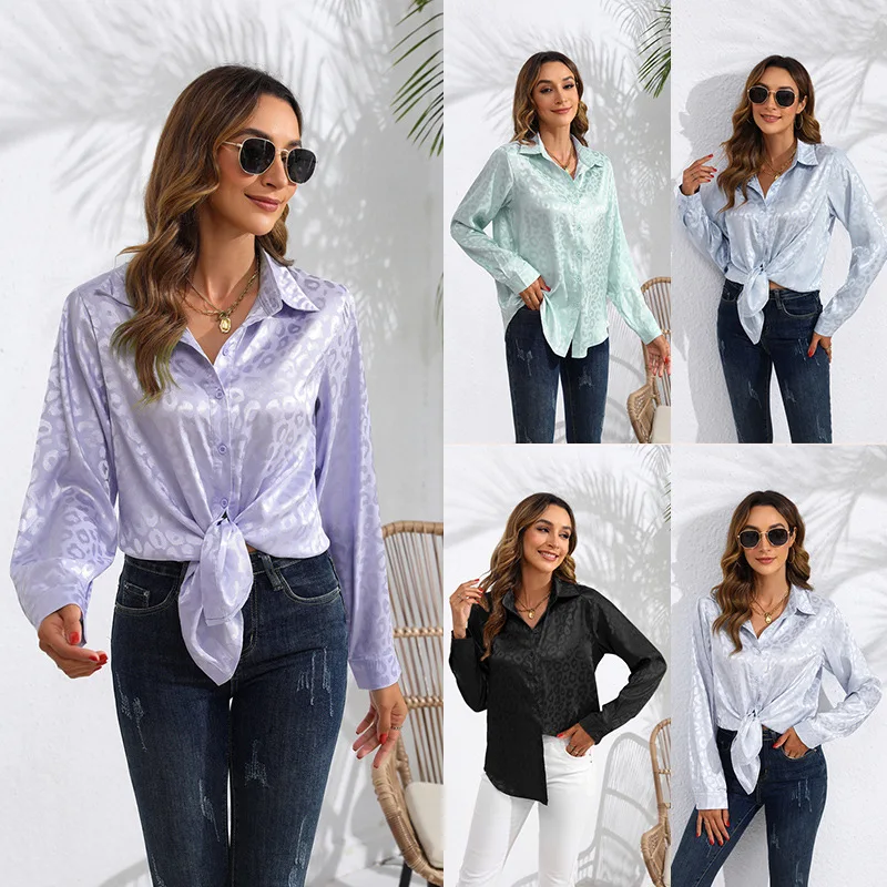 

Women Silk Satin Shirt Long Sleeve Jacquard Blouse Elegant Button Down Top for Wedding Party Evening Business Casual Wear