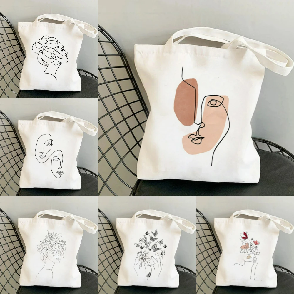Modern Abstract Face Print Canvas Tote Bag Eco Friendly Reusable Shopper for Work Commute School Shopping Daily Essentials