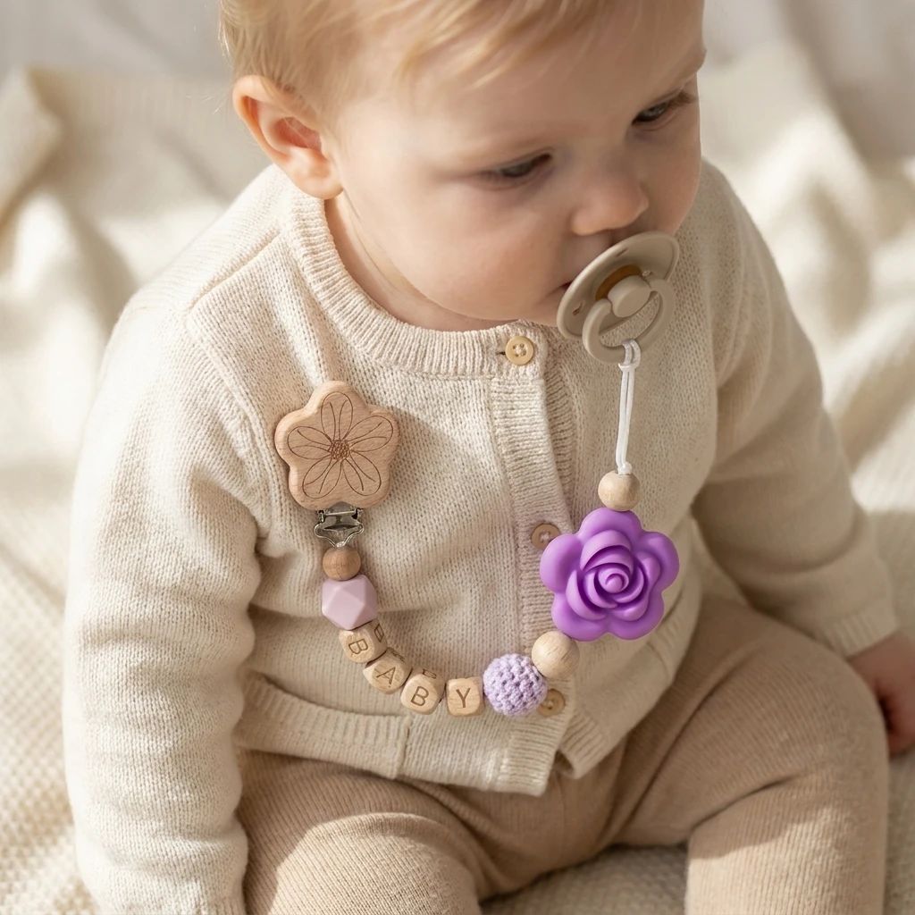 Personalized Dummy Chain Custom Name Flower Rose Baby Teether Holder Food Grade Silicone Wooden Bead BPA Free Pacifier Clip Girl