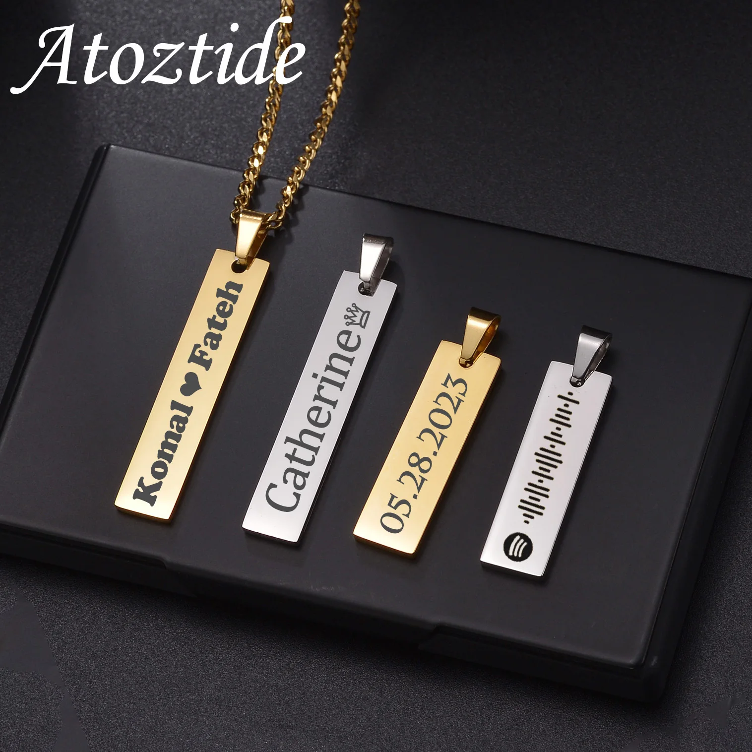 

Atoztide Personalized Engrave Name Necklace Stainless Steel for Women Men Rectangle Link Chain Square Pendant Jewelry Gift