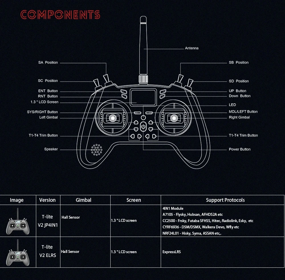 Jumper T-Lite V2 Model RC zdalnego sterowania ELRS JP4IN1 czujnik halla gimbale wewnętrzny moduł wieloprotokołowy dla dronów wyścigowych FPV