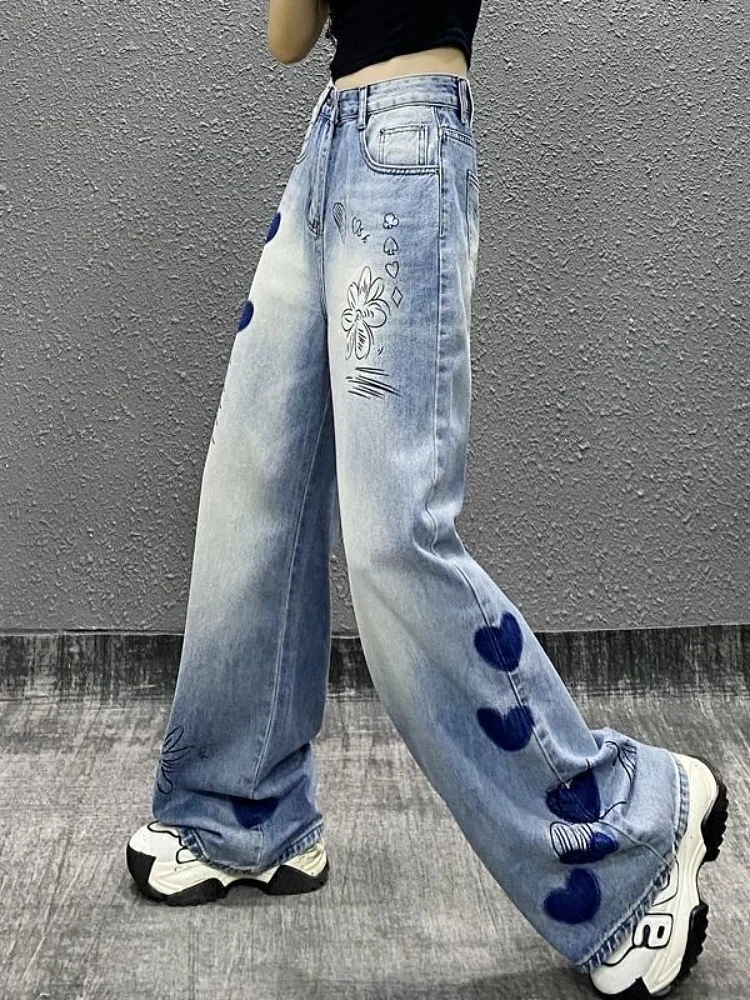 

High Waist Draped Hand-Painted Print Women's Jeans Straight Leg Wide Leg Pants Slimming Spring New Sle Casual Faion