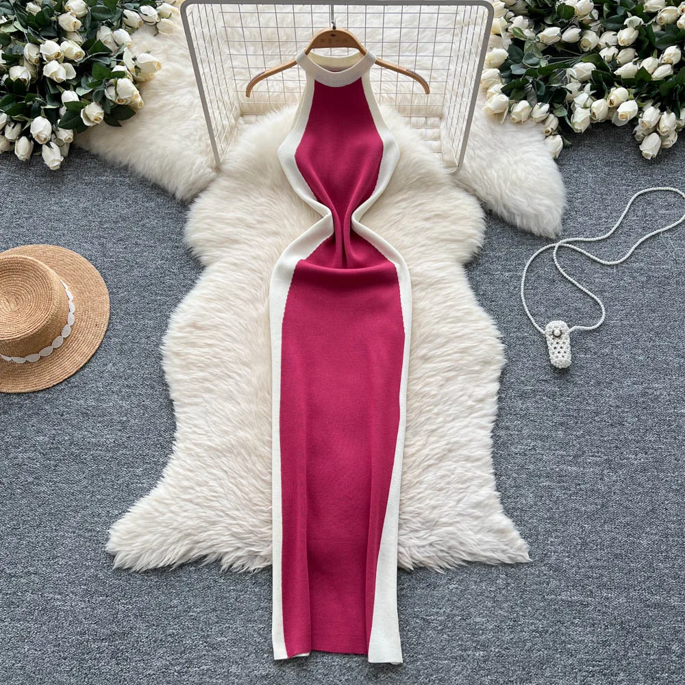 2025 Nuove donne di estate sexy senza maniche elastico con spalle scoperte abito lavorato a maglia Hit Color Patchwork Slim aderente Halter Max abito lungo