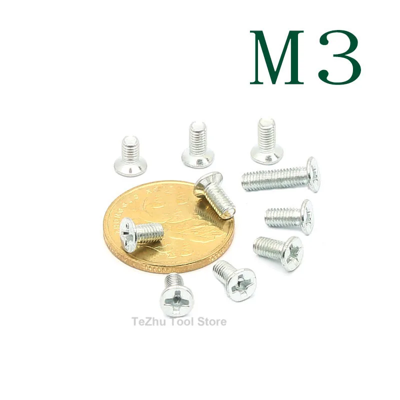 

100pc M3 x 5 6 8 12mm Cross Phillips Flat Countersunk Head Screw Bolt Carbon Steel White Zinc Plated
