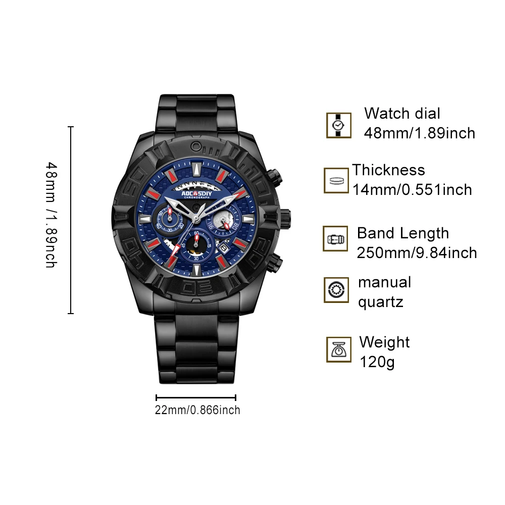 AOCASDIY men's quartz watch, multi dial, night light waterproof function, date window, business sports watch, gift for friends