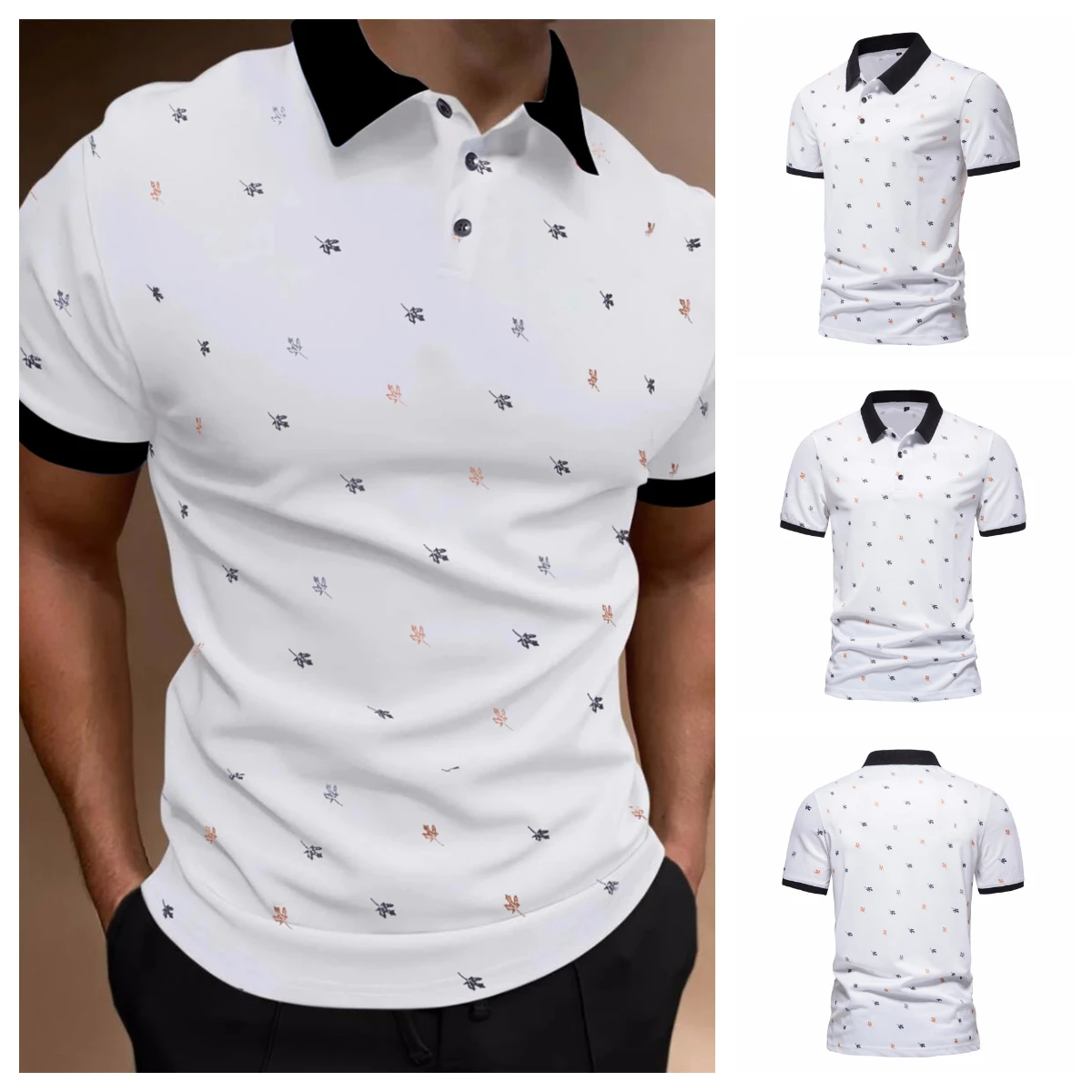 

2023 Men's New Summer Contrast Color Turn-down Collar Short Sleeve Polo Shirt Fashion Casual Maple Print Thin Slim Men Clothing