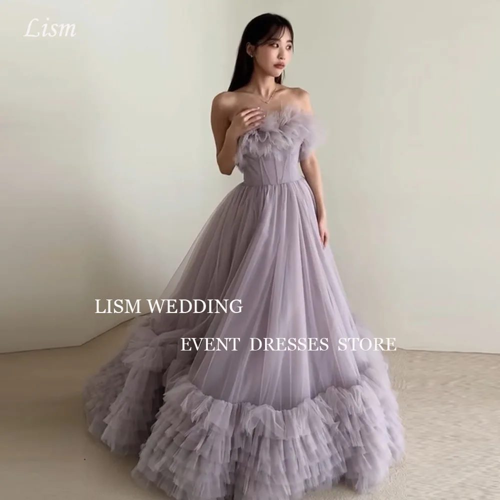 LISM Violet Elegant Wedding Photo Shoot Dresses A-line Draped Tiered Pleat Strapless Evening Dresses 피로연드레스 Floor-Length