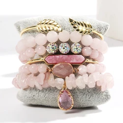 Summer New Fashion Bohemian Style 6pcs Pink Grey Set Natural Stone Glass Beaded Elastic Bracelet Druzy Charm Stack Bracelet Set