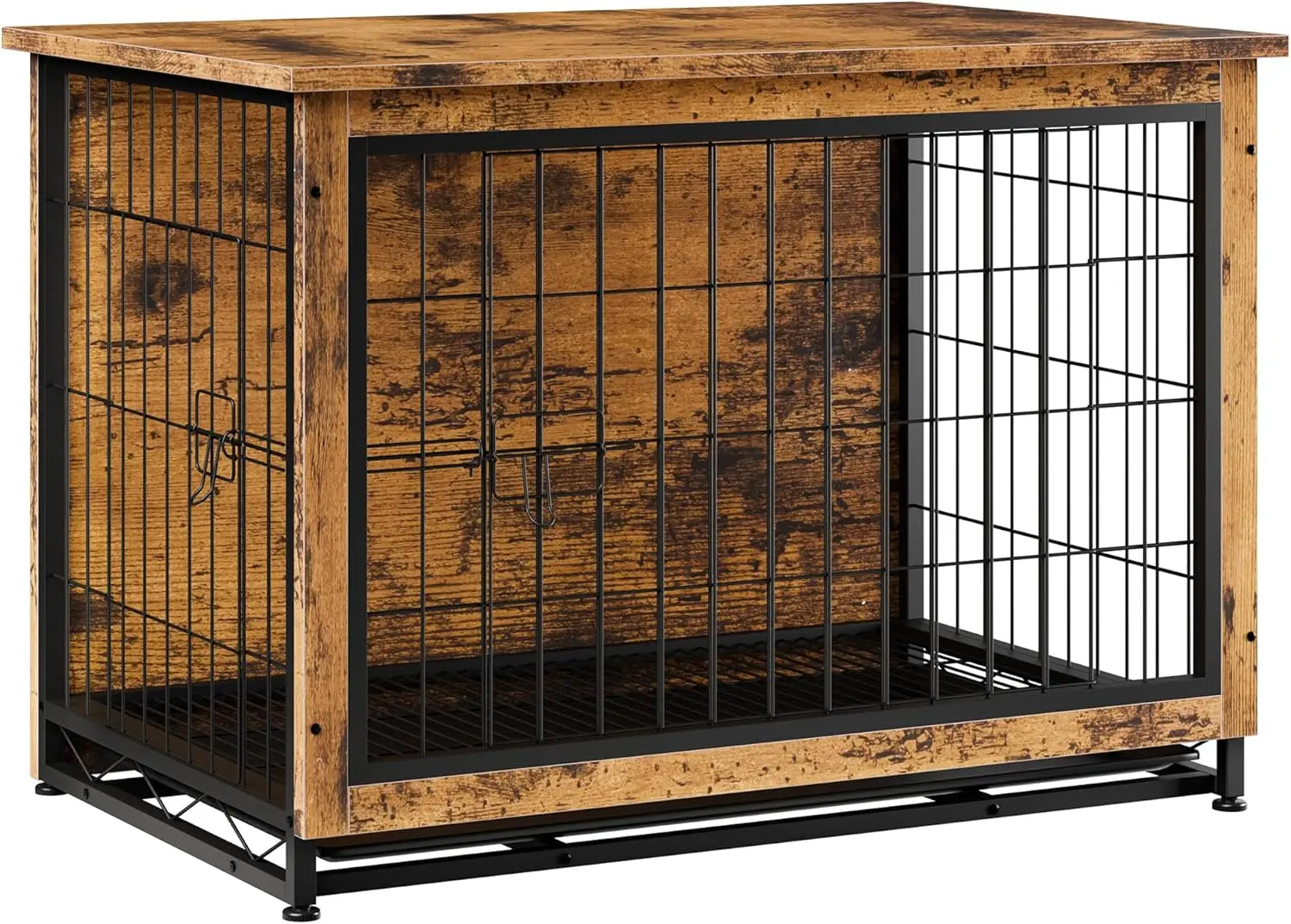 Modern Wooden Dog Crate Furniture, Heavy-Duty Kennel with Removable Tray and Double Doors, Rustic Brown Side Table