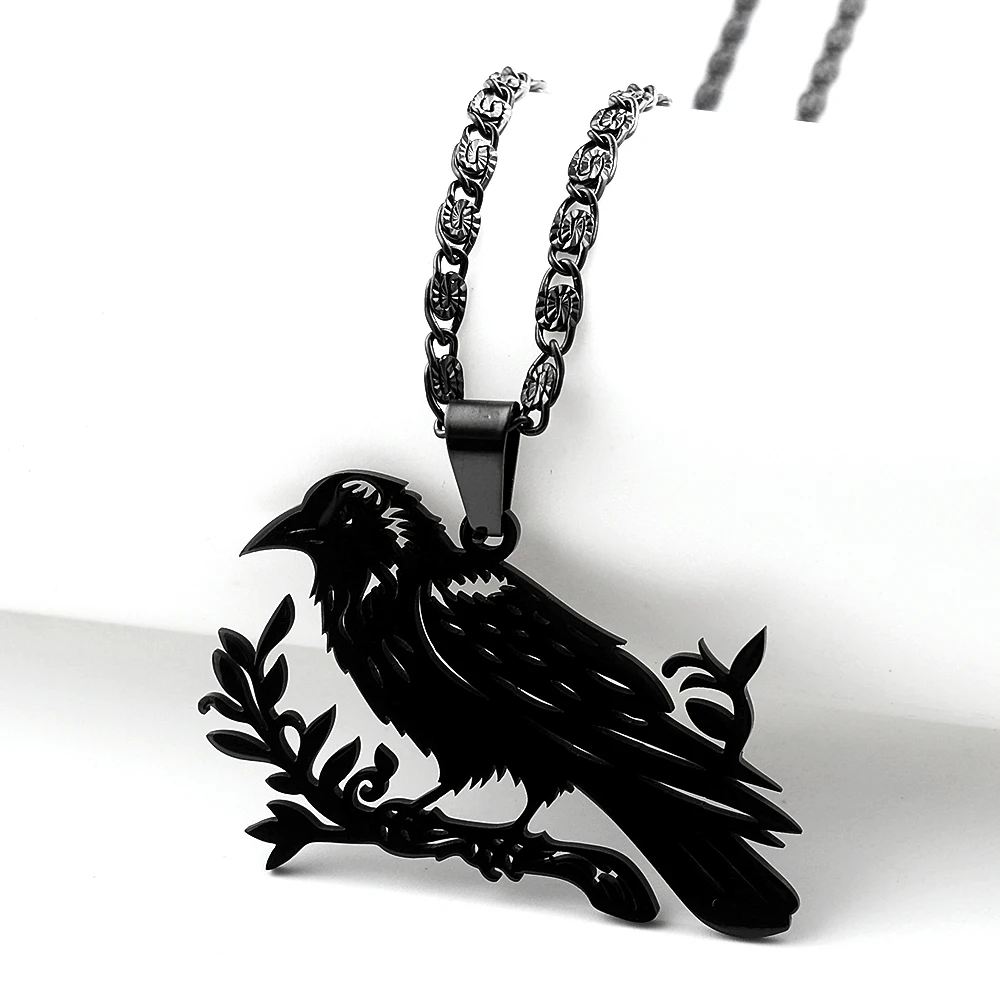 Nordic Odin Black Raven Branch Pendant Necklace For Women Men Stainless Steel Hip Hop Dark Crow Bird Animal Plant Jewelry Gift