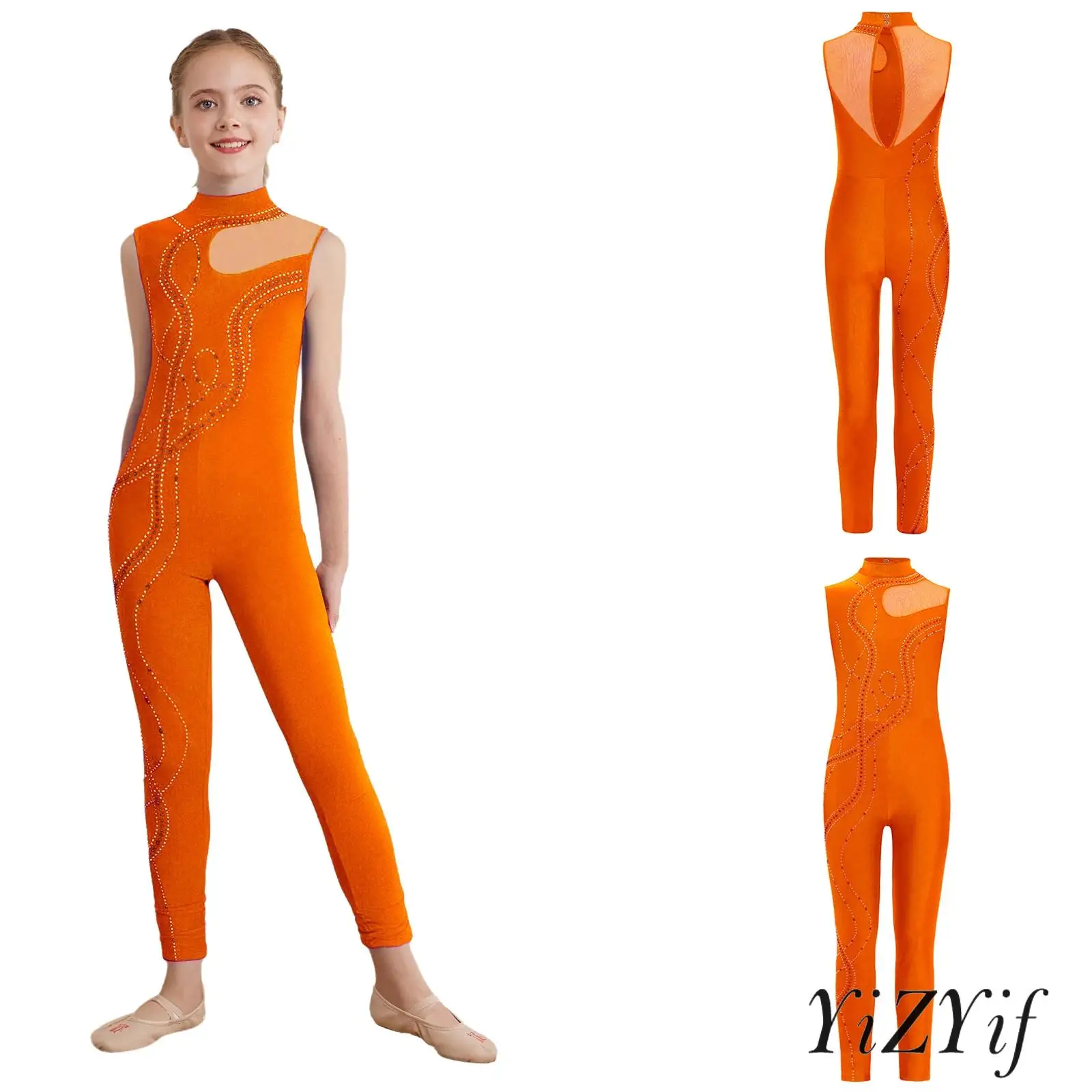 라인스톤 피겨 스케이팅 점프수트 민소매 키홀 백 풀 바디 바디수트 발레 댄스 체조 공연 운동용