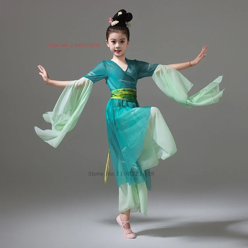 2025年ヴィンテージダンス衣装 伝統的な子供用メッシュ漢服トップス+パンツセット 女の子妖精ドレス トレーニングステージパフォーマンスドレス