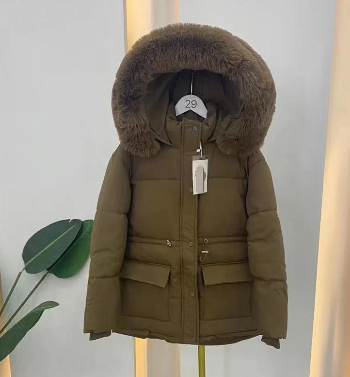 Winter Loose Casual Down Cotton-Padded Coat Women\'s Mid-Length Cotton-Padded Coat with Large Pocket Thickened Cotton-Padded Coat