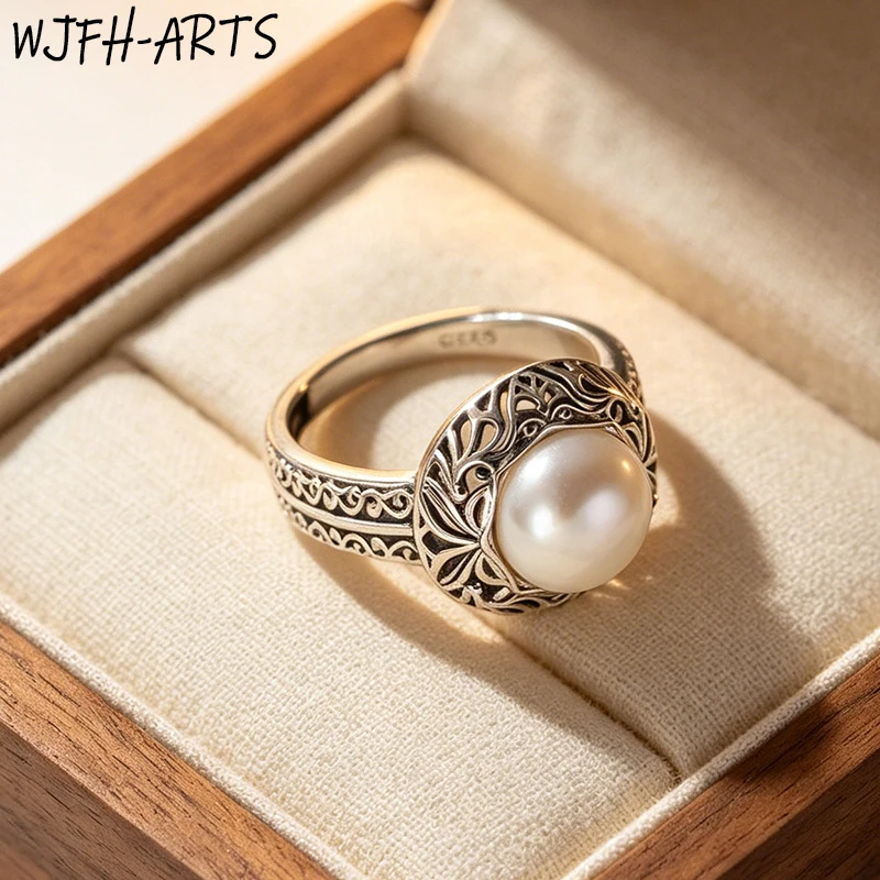 WJFH-ARTS Large Pearl Inlay Retro Hollowed Out Pattern Open Ring For Women Classical Elegance Ring Jewelry Gift Wholesale кол