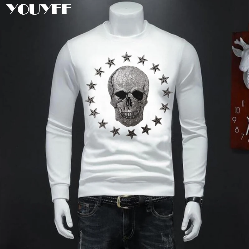 

Men's Rhinestone Sweater Pullover Skull Street Handsome Hoodies Fleece Warm Man Undercoat 2023 New Design Winter Male Clothing