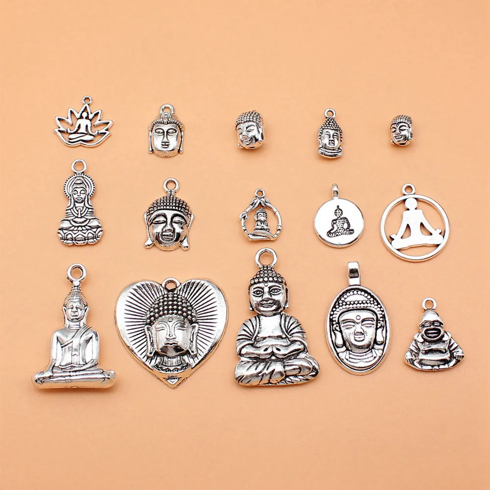 15pcs/lot Antique Silver Color Buddha Statue Charms Collection For Jewelry Making Men Accessories