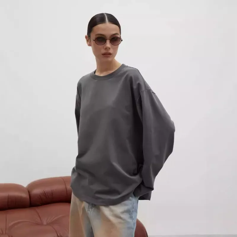 

Woman Clothing Cotton 2025 Autumn Fashion Handsome Solid Color Long Sleeve T-shirt Loose Casual Round Neck Top Medium Length