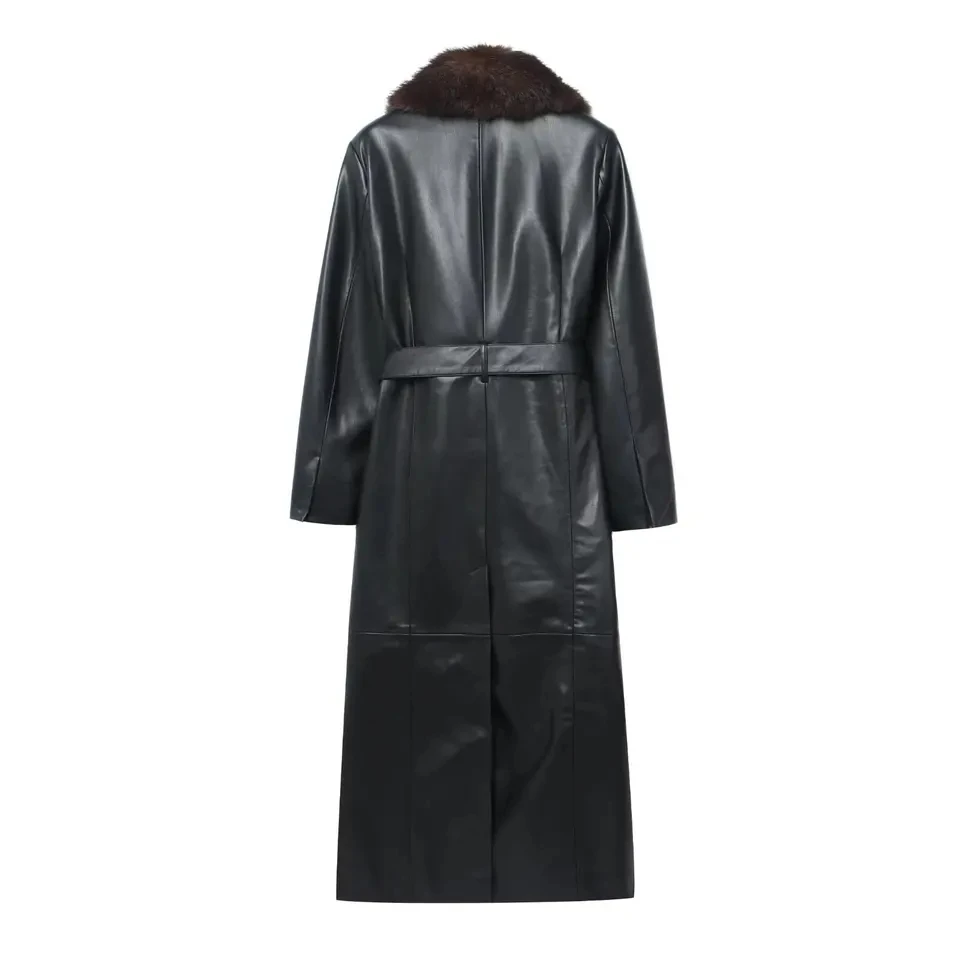 

2026 New Fashion Temperament Detachable Fluffy Collar Artificial Fur Effect Black Long Trench Coat