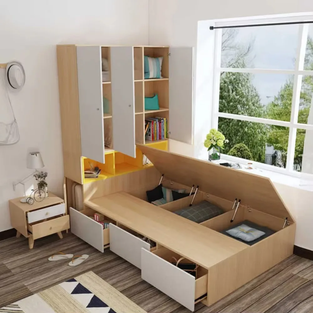 Cama Individual de Tatami de Madera, Muebles Modernos para Dormitorio Infantil con Cajones de Almacenamiento y Espacio de Almacenamiento Oculto, Cama Ahorradora de Espacio para Habitación Infantil