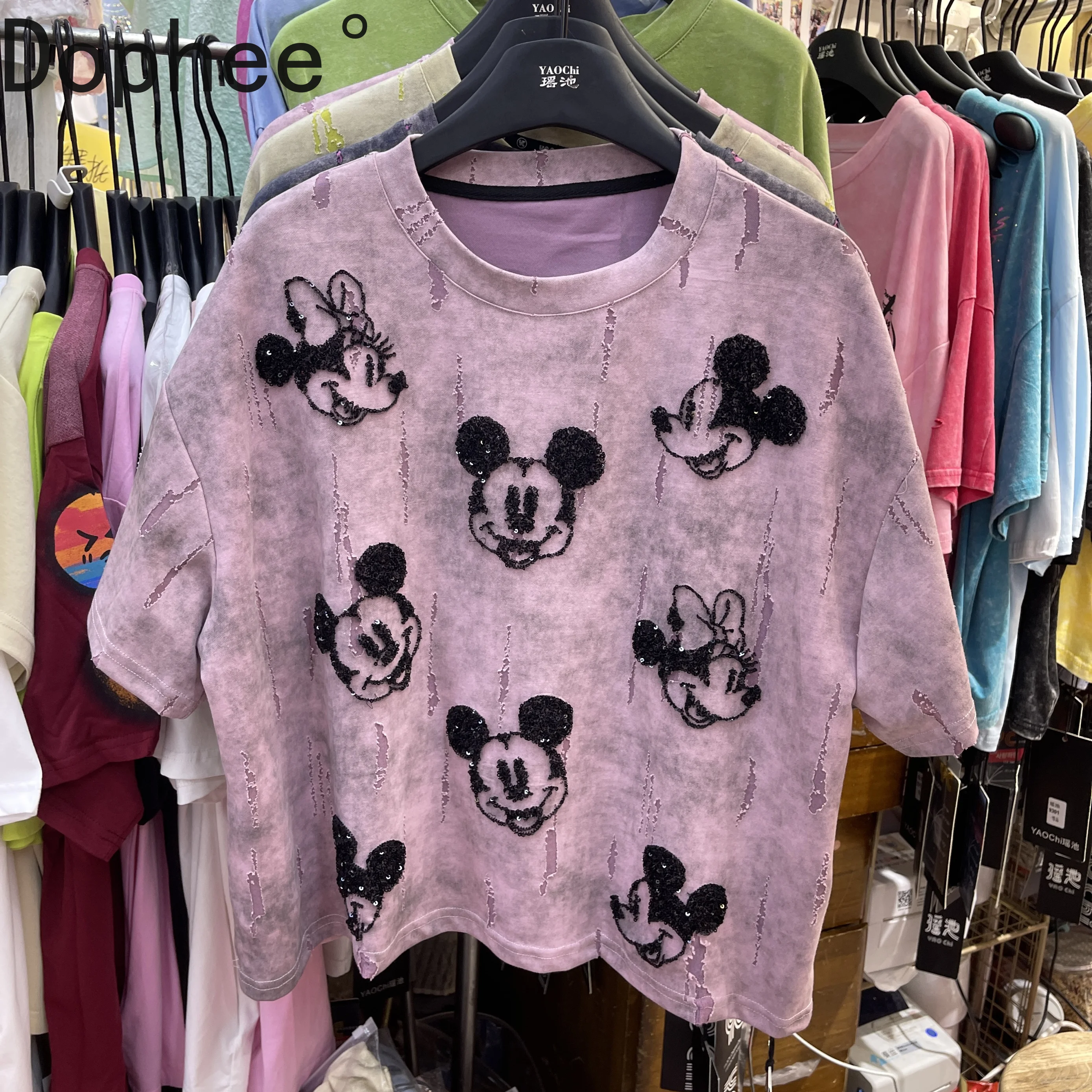 

Fashion 2025 New Summer Sweet Pink Short Sleeve T-shirt Embroidery Sequins Mickey All-match O-neck Pullover Casual Students Top