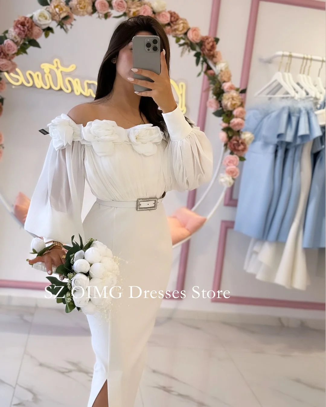 OIMG 2024 New Summer Women\'s Maxi White Crepe Satin Prom Dress Customized Fashion Celebrity Off the Shoulder Party Dress