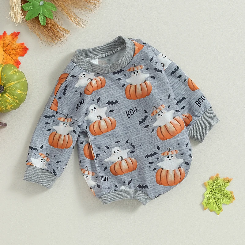 

Toddler Boys Fall Casual Hoodie Jumpsuit with Long Sleeves and Crew Neckline Spooky Ghost and Pumpkin Print Halloween Outfit