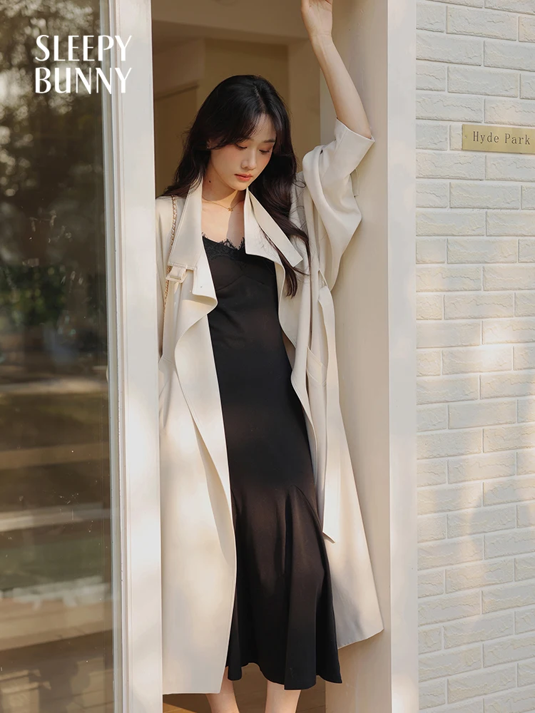 

White Trench Coat Women Spring Elegant Mid-Length Belted Overcoat Loose Fit Slimming Outerwear Casual or Office Commuter Looks