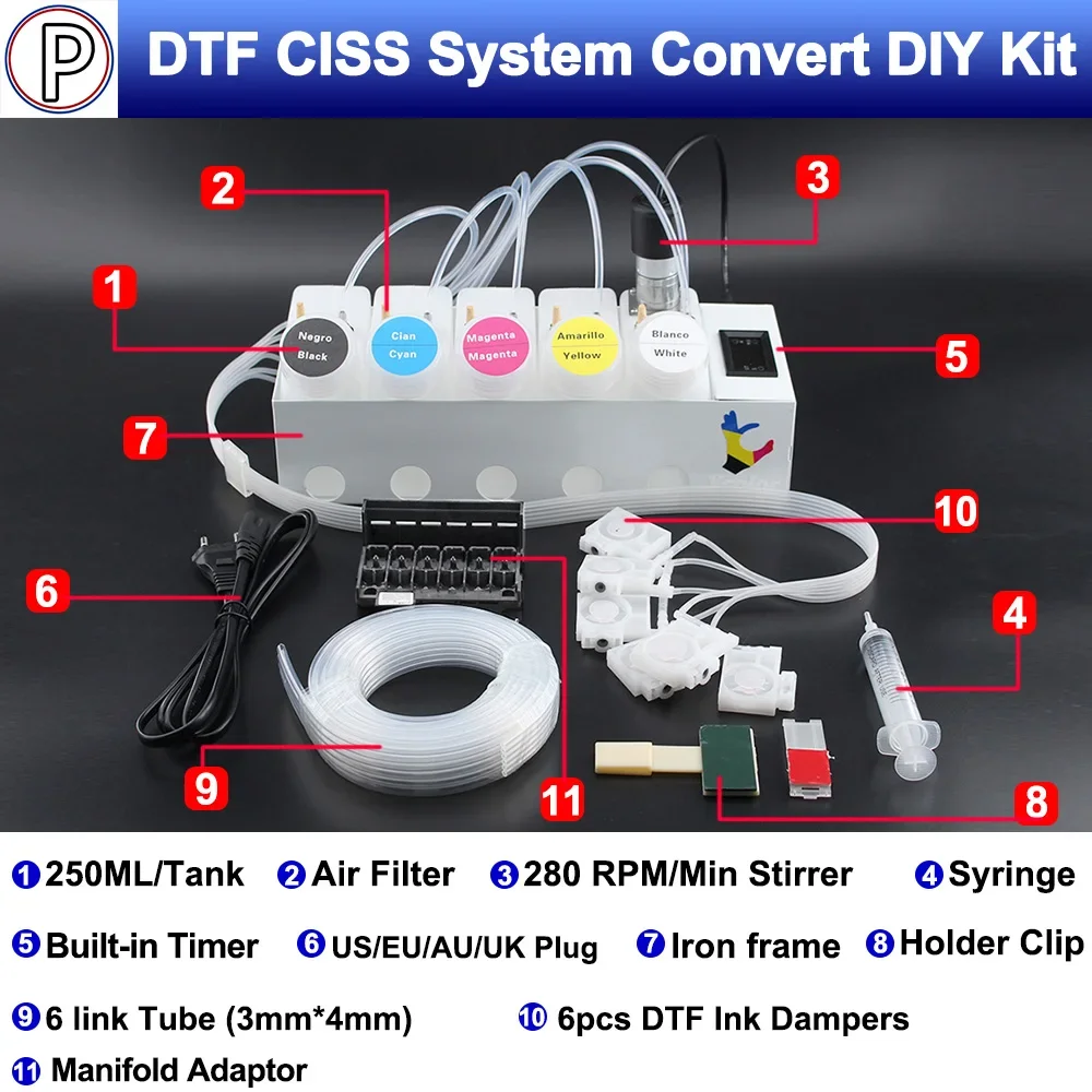 XP600 ET-8550 L18050 250ML DTF CISS Ink System With Printhead Adaptor Manifold Damprer For Epson L8050 18100 Tank Stirrer Timer