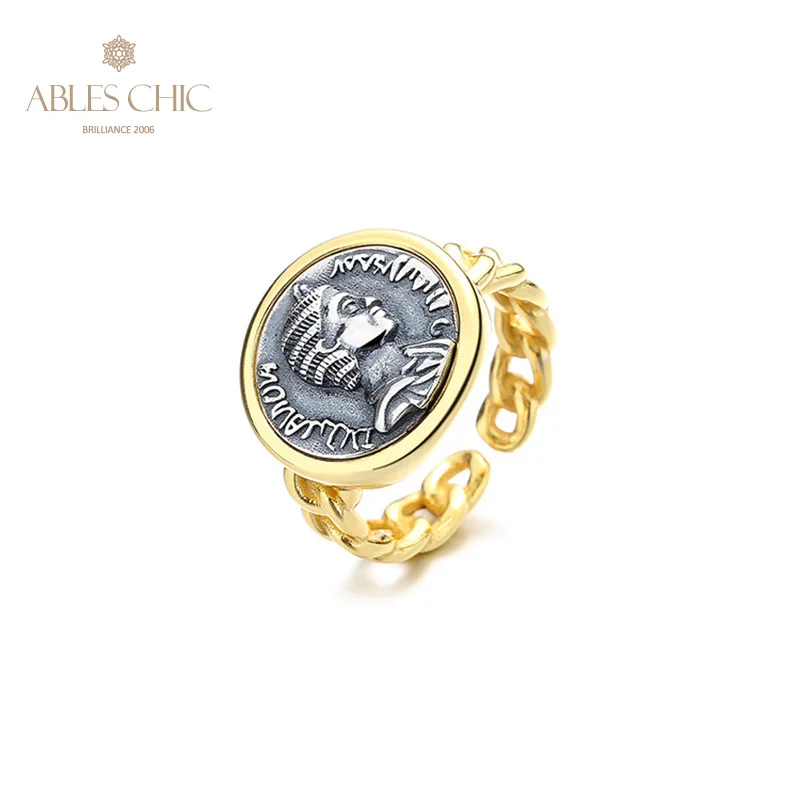 Imagem -02 - Moeda Romana Abrir Anel Dois Tons Moedas de Prata Design Grego Ouro 18k Sólido 925 Prata R1014